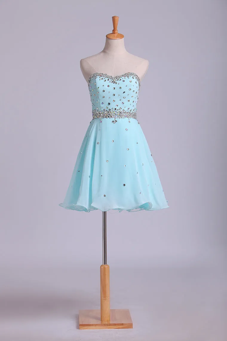 2024 Homecoming Dresses A Line Mini Sweetheart Chiffon With Rhinestones