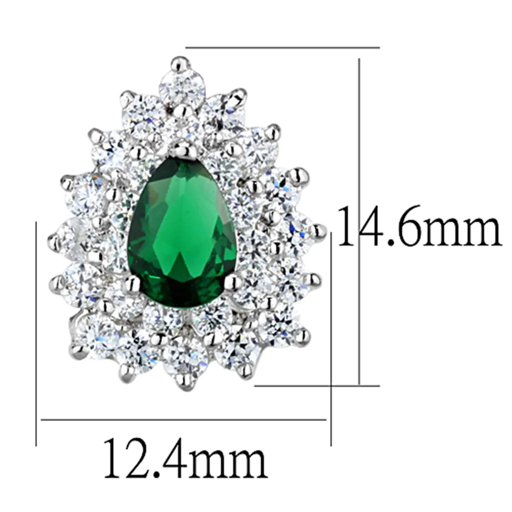 3W656 - Brass Earrings Rhodium Women Synthetic Emerald