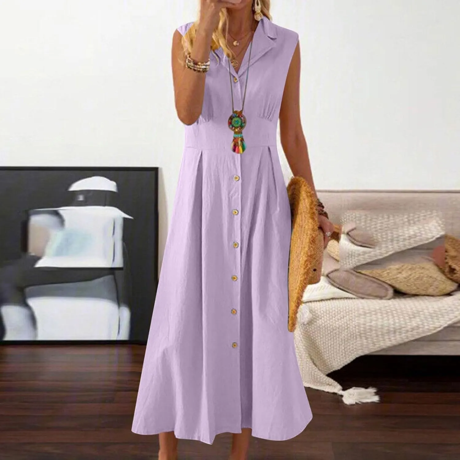 BAXLIMEK Linen Dresses for Women 2025,Summer Trendy Sleeveless Lapel Button Down Dress Flowy Ruched Work Office Maxi Dress