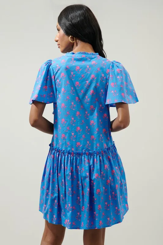 Blue/Pink Flower W/ Flutter Slv Dress