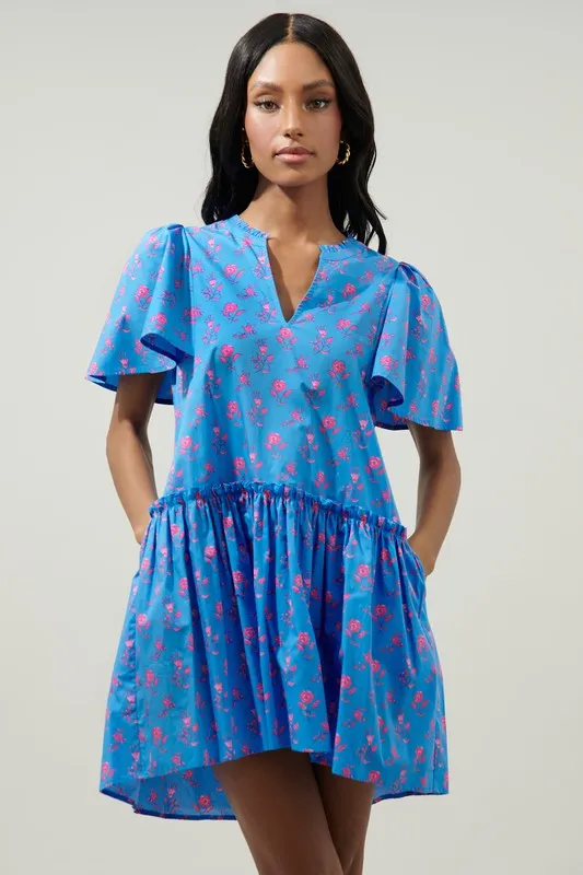 Blue/Pink Flower W/ Flutter Slv Dress