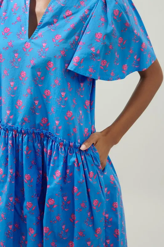 Blue/Pink Flower W/ Flutter Slv Dress