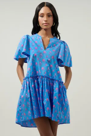 Blue/Pink Flower W/ Flutter Slv Dress