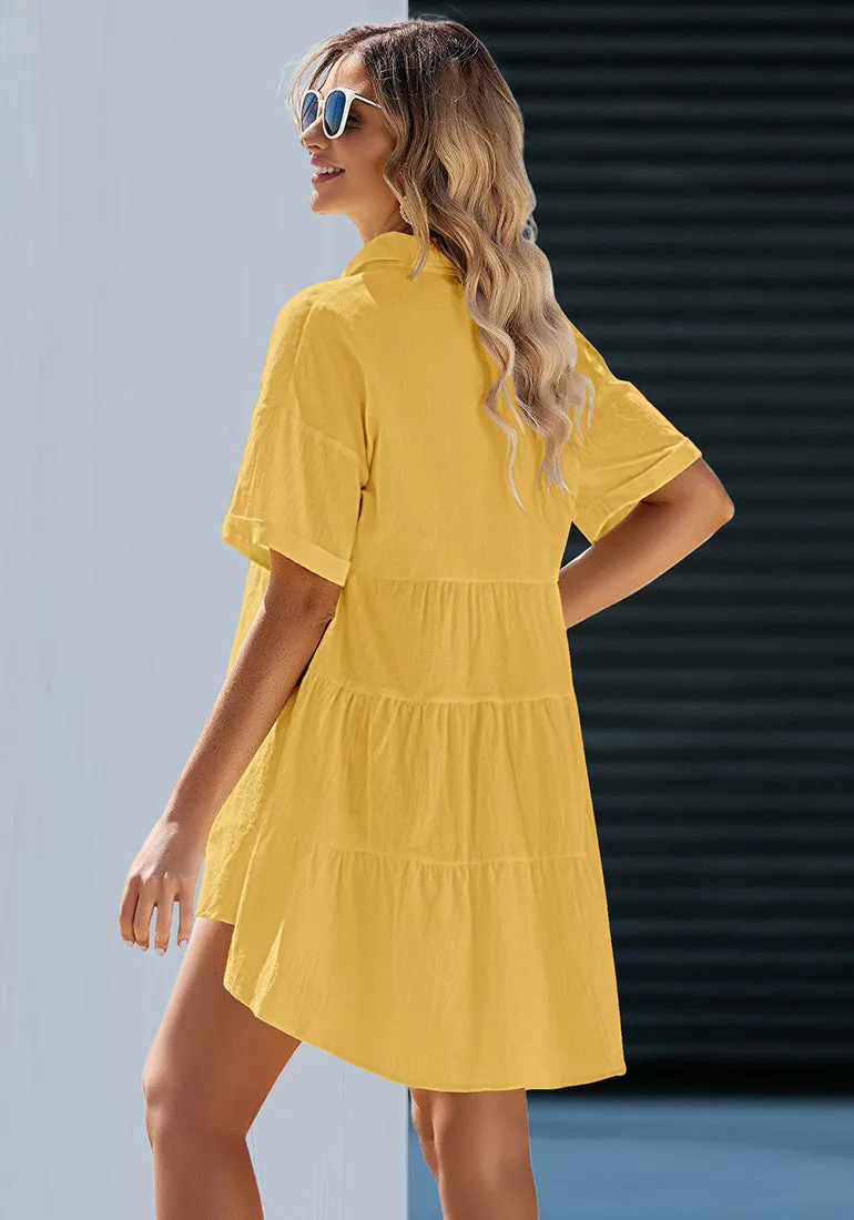 Buff Yellow 2023 Button Down Shirts for Women Oversized Short Sleeve Blouses Babydoll Flowy High Low Tunic Tops Summer