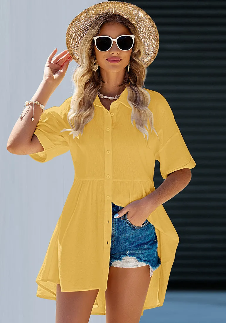 Buff Yellow 2023 Button Down Shirts for Women Oversized Short Sleeve Blouses Babydoll Flowy High Low Tunic Tops Summer