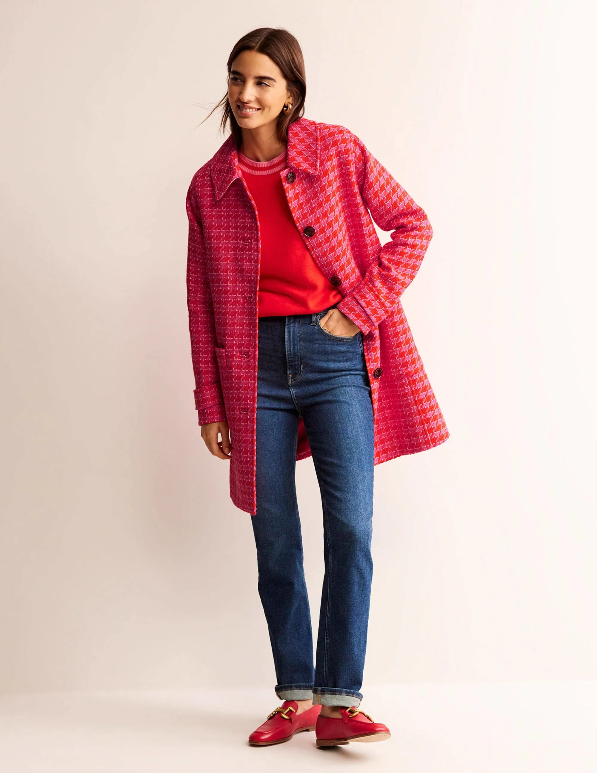 Button Checked Fitted Coat-Dogstooth