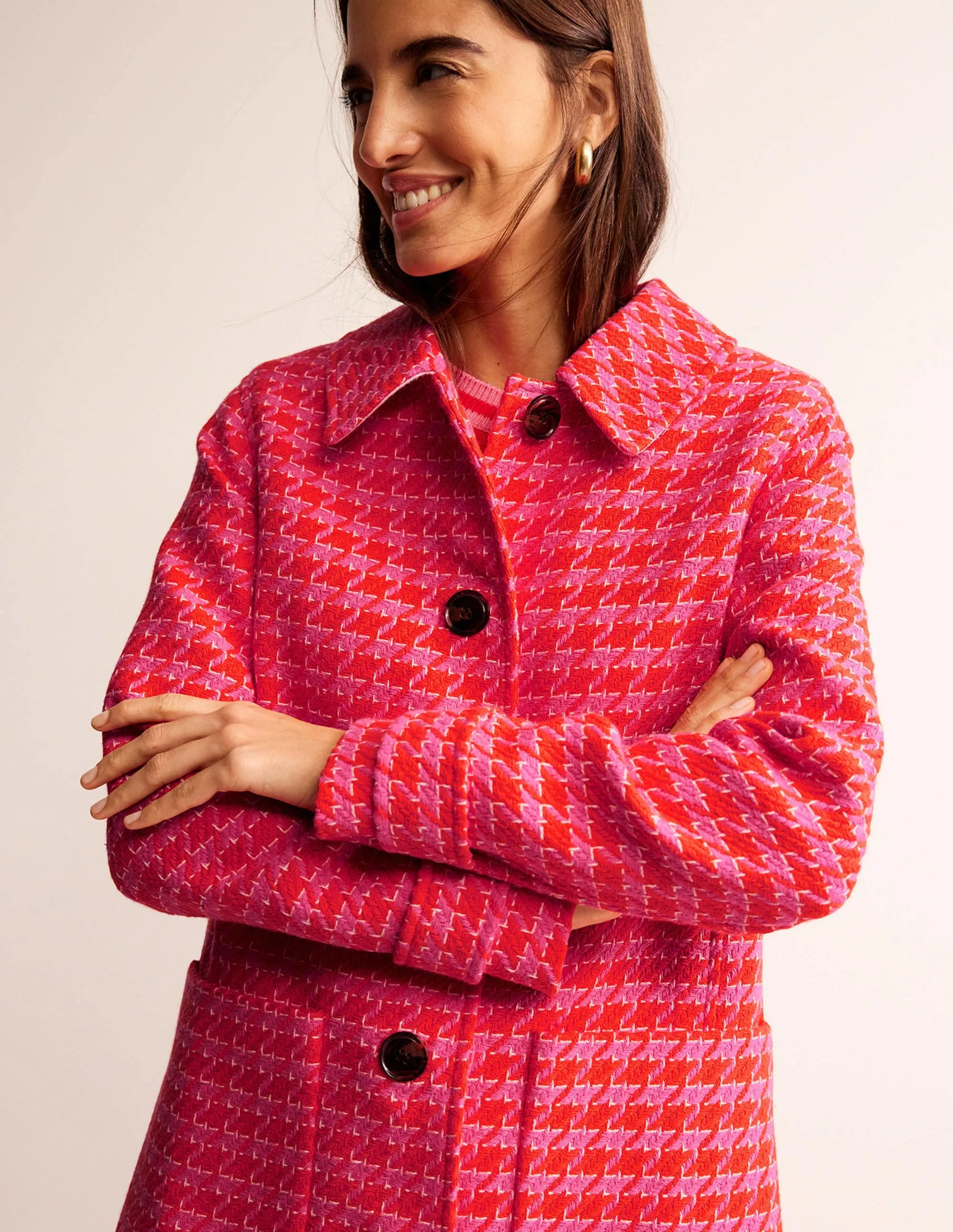 Button Checked Fitted Coat-Dogstooth