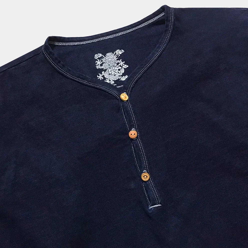 BZEN BLU BLU - M.3200 SHIMIZU REGULAR FIT 3 BUTTON INDIGO JERSEY HENLEY-180GSM-E1 500 LAKE