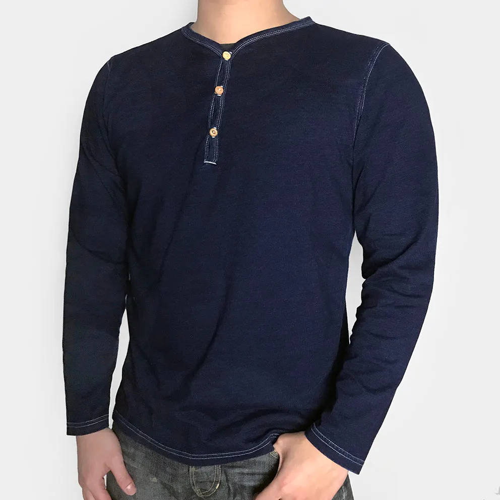 BZEN BLU BLU - M.3200 SHIMIZU REGULAR FIT 3 BUTTON INDIGO JERSEY HENLEY-180GSM-E1 500 LAKE