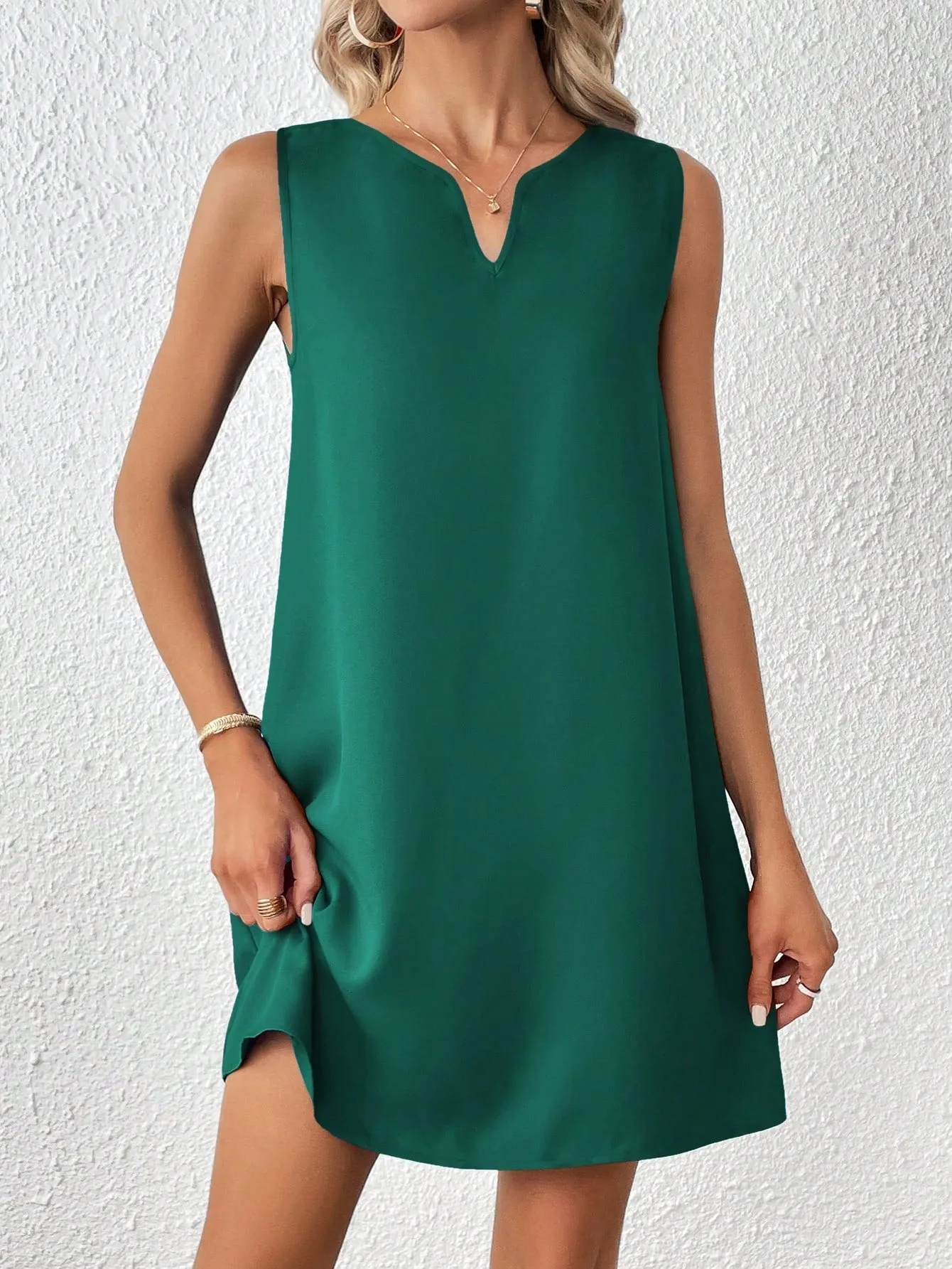 Casual Sleeveless Tank Dress - Notched Neckline, Recycled Material, Short Length