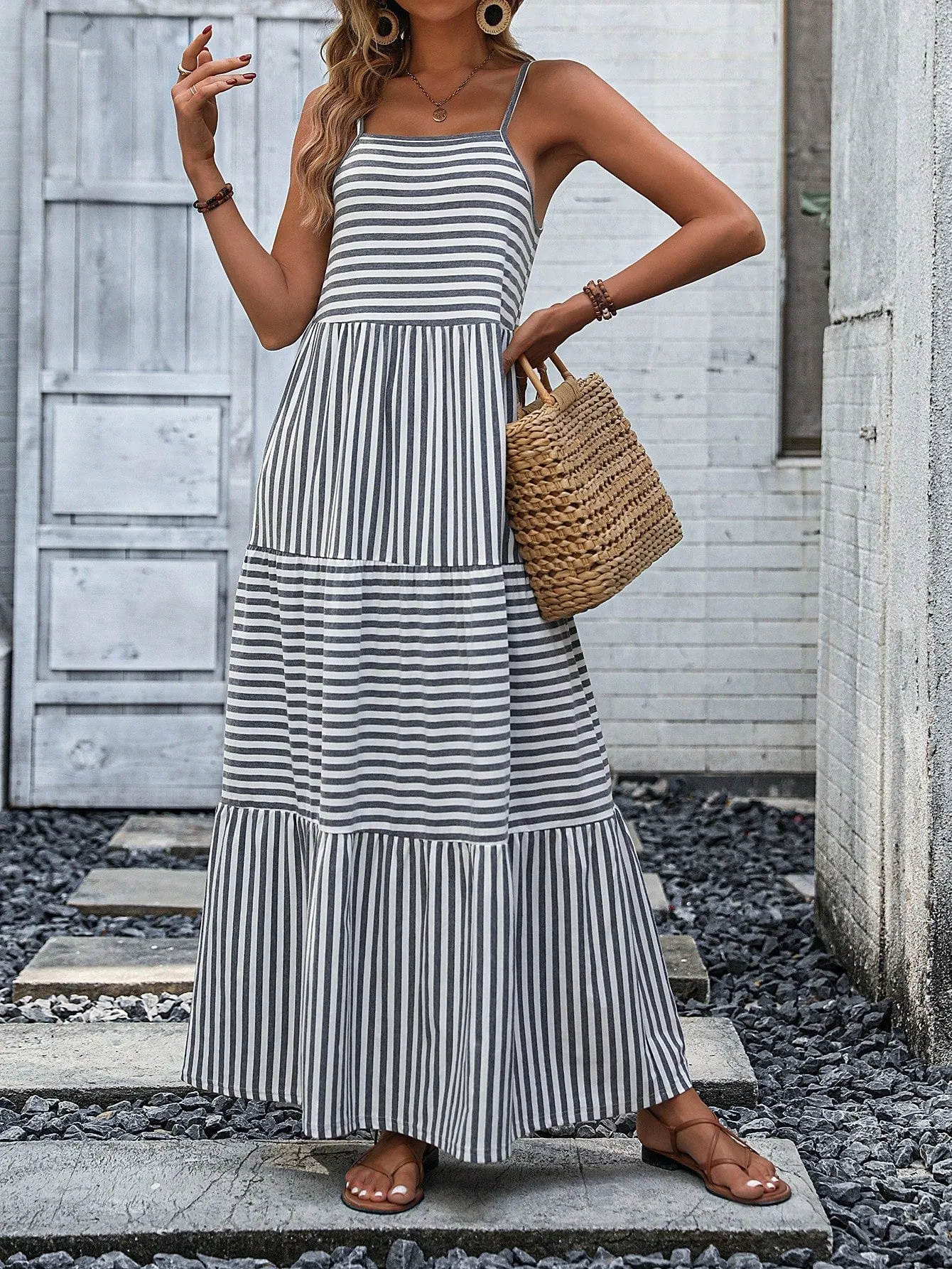 Casual Striped Ruffle Hem Cami Dress - Sleeveless, High Waist, Maxi Length