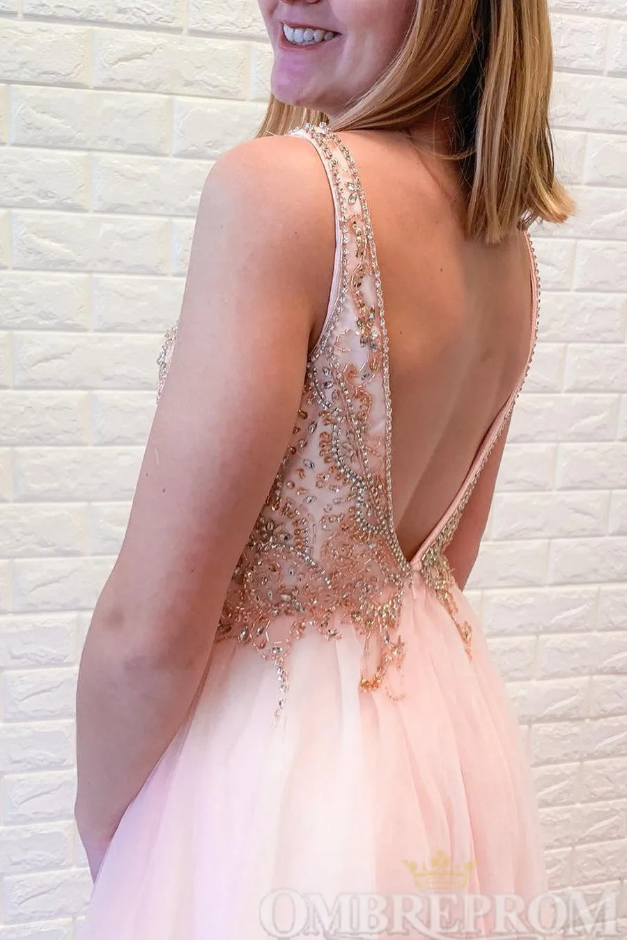 Charming Pink V Neck Prom Dresses with Beading Evening Dresses