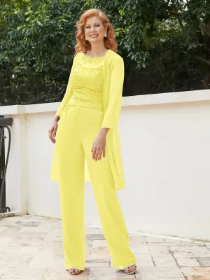 Chic Lace Top Pant Suit with Jacket Lemon