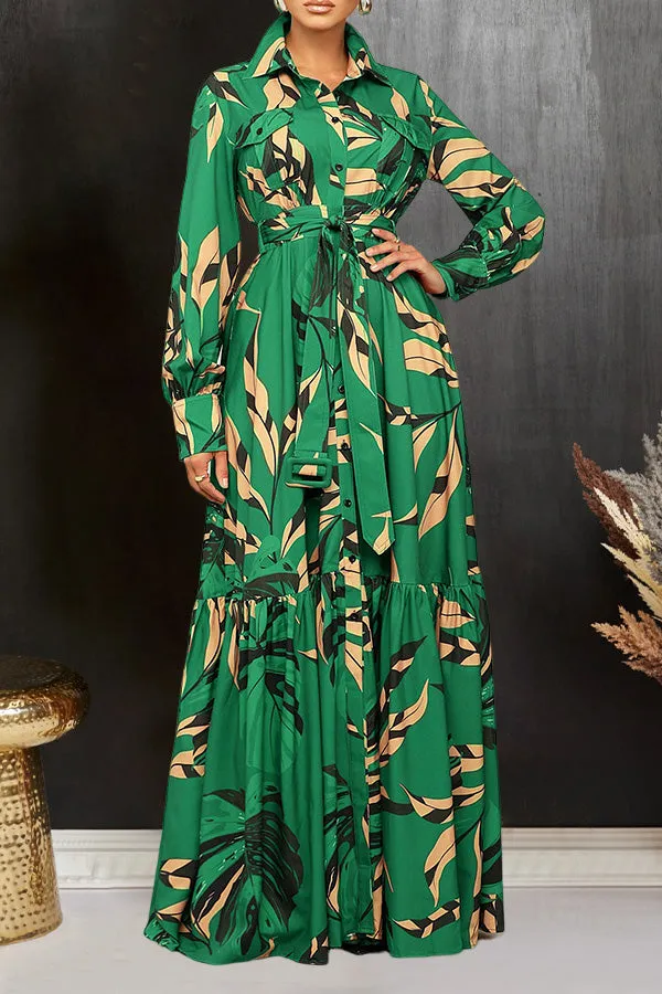 Chic Leaf Print  Ruffle Hem Dress