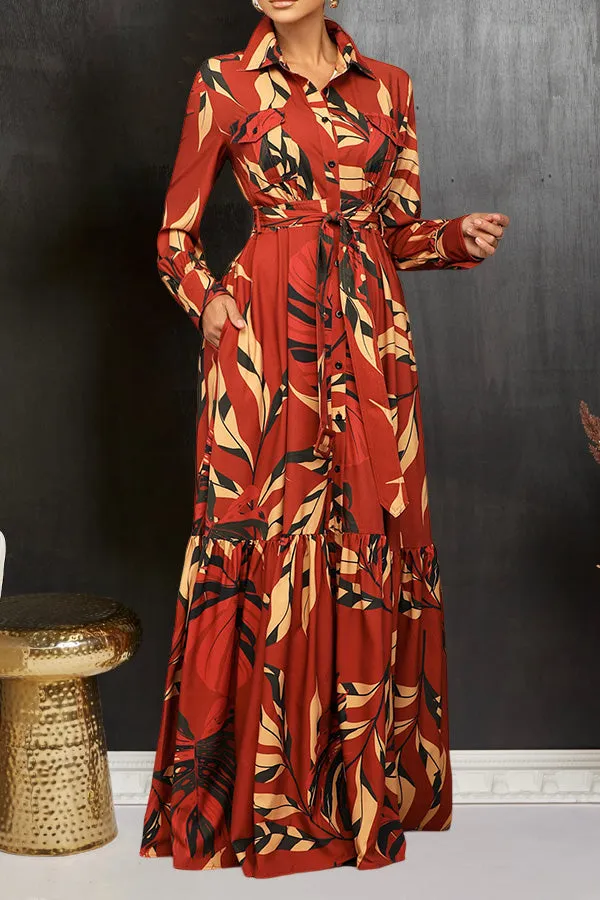 Chic Leaf Print  Ruffle Hem Dress