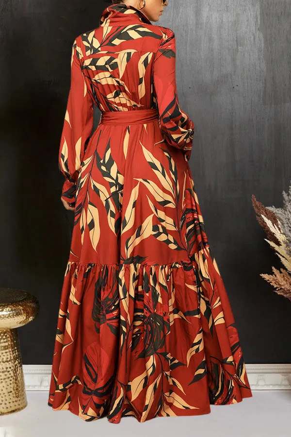 Chic Leaf Print  Ruffle Hem Dress