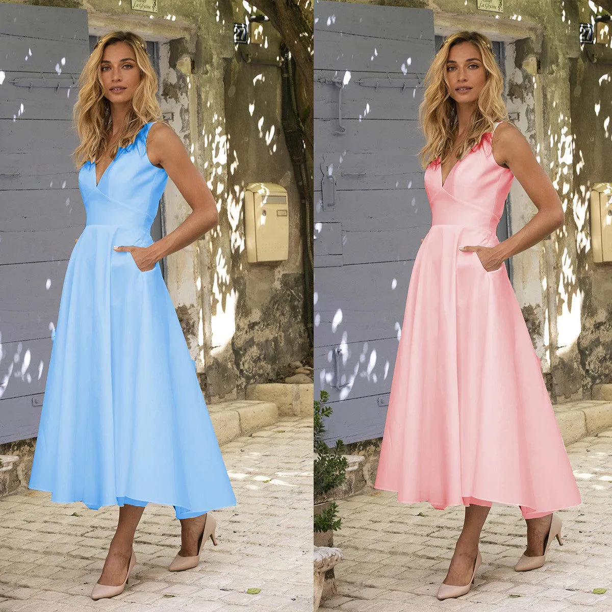 Chic Short A-line V neck Satin Backless Formal Prom Dresses with Pockets