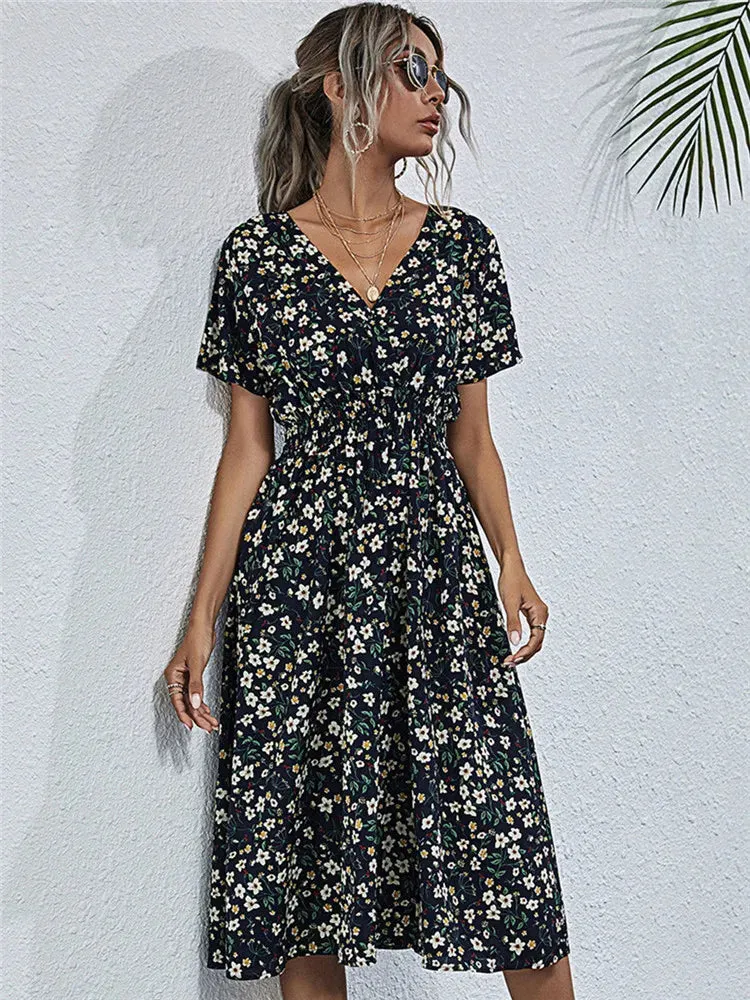 Chic Summer Floral Blue Sleeveless Elegant Holiday Midi Dress