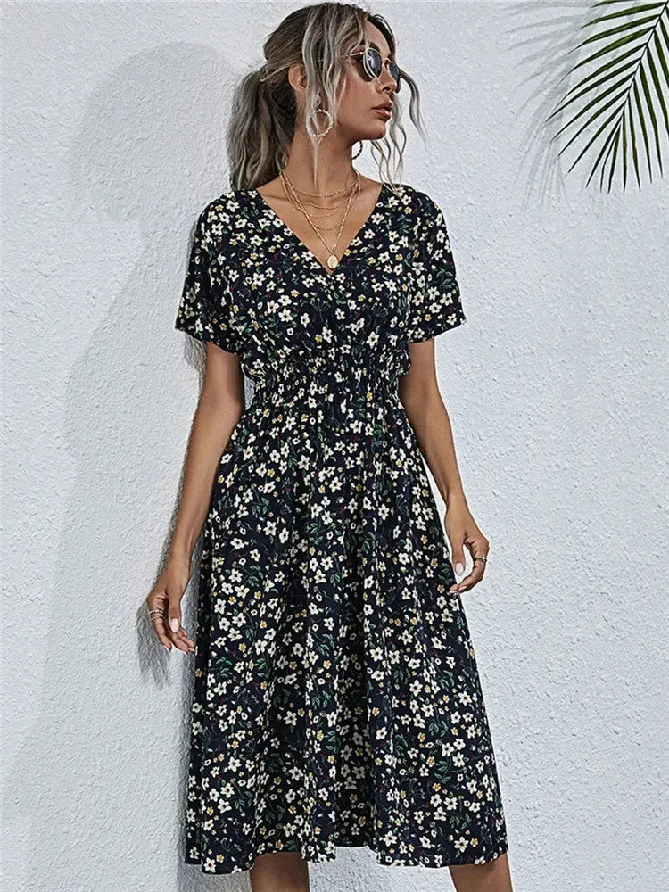 Chic Summer Floral Blue Sleeveless Elegant Holiday Midi Dress