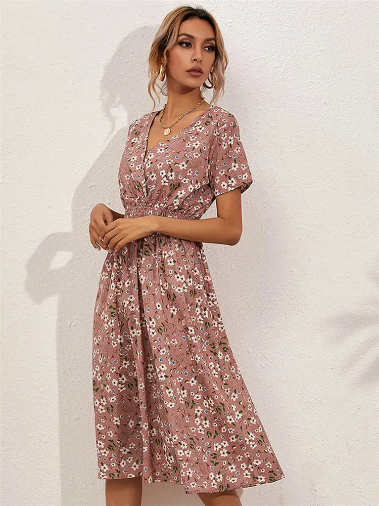Chic Summer Floral Blue Sleeveless Elegant Holiday Midi Dress