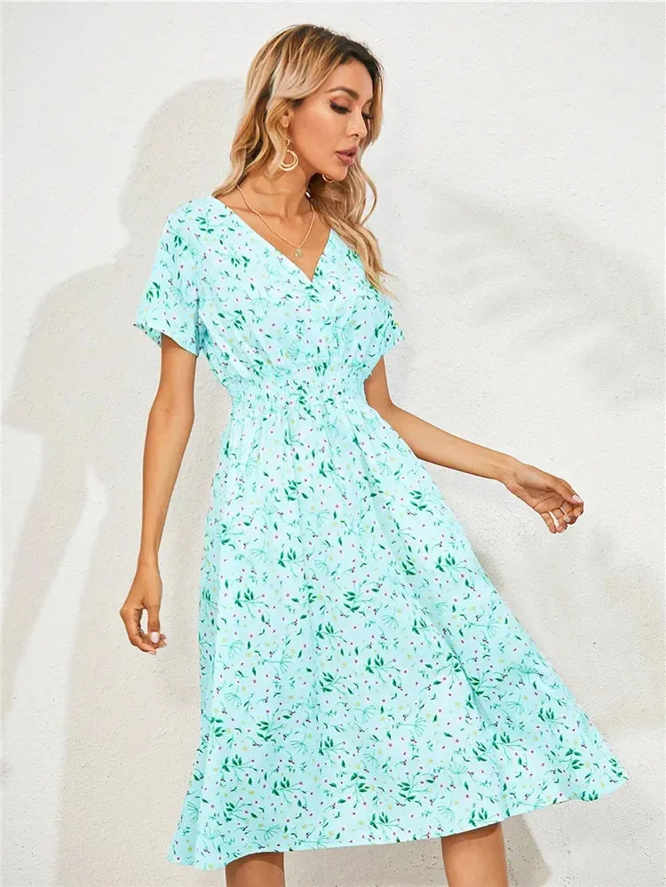 Chic Summer Floral Blue Sleeveless Elegant Holiday Midi Dress
