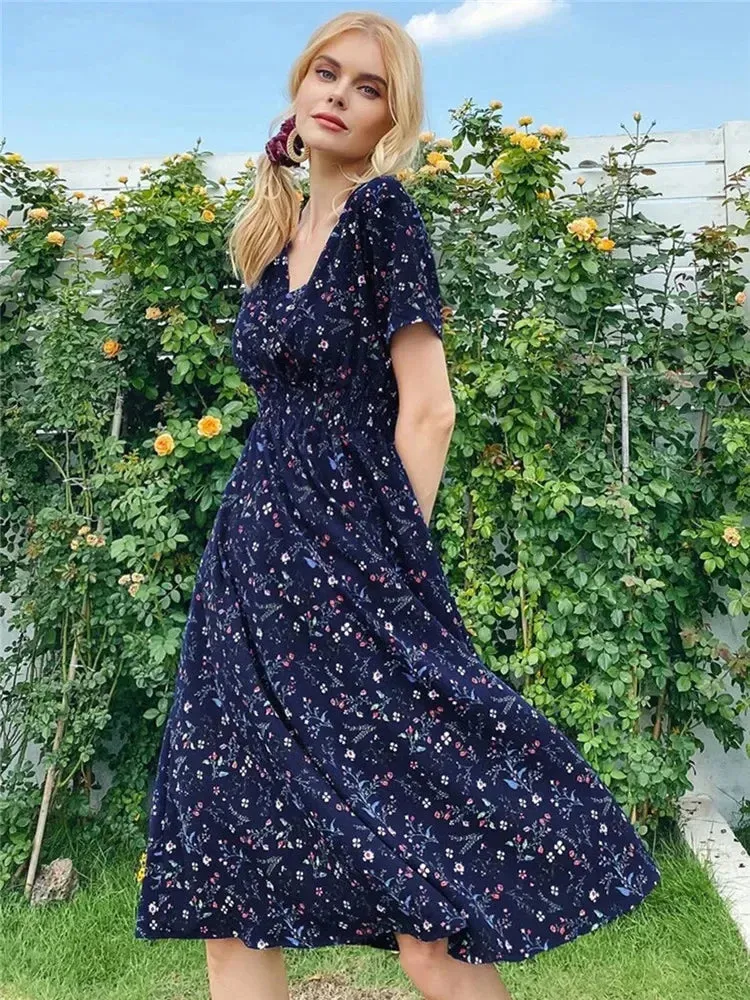 Chic Summer Floral Blue Sleeveless Elegant Holiday Midi Dress