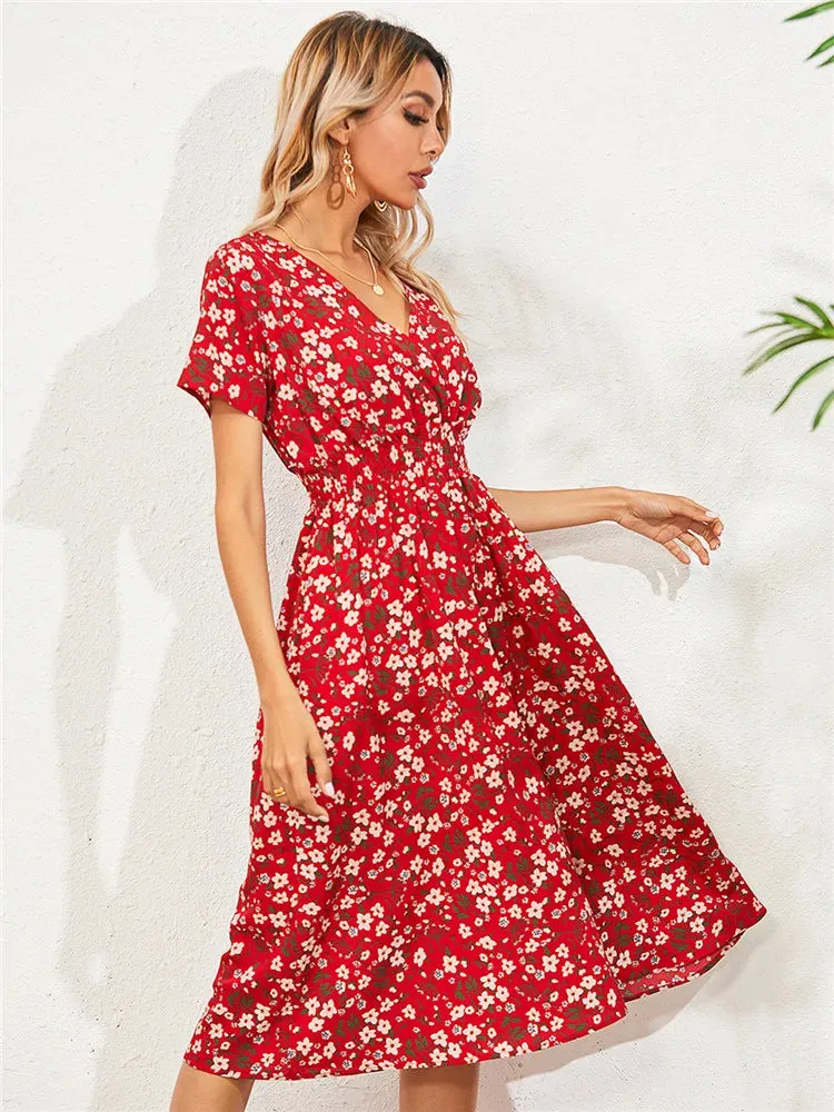 Chic Summer Floral Blue Sleeveless Elegant Holiday Midi Dress