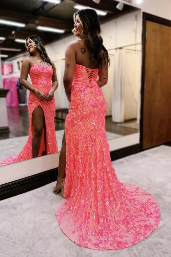 Coral Sequins Mermaid Strapless Prom Dresses With Slit, Evening Dresses, SLP066
