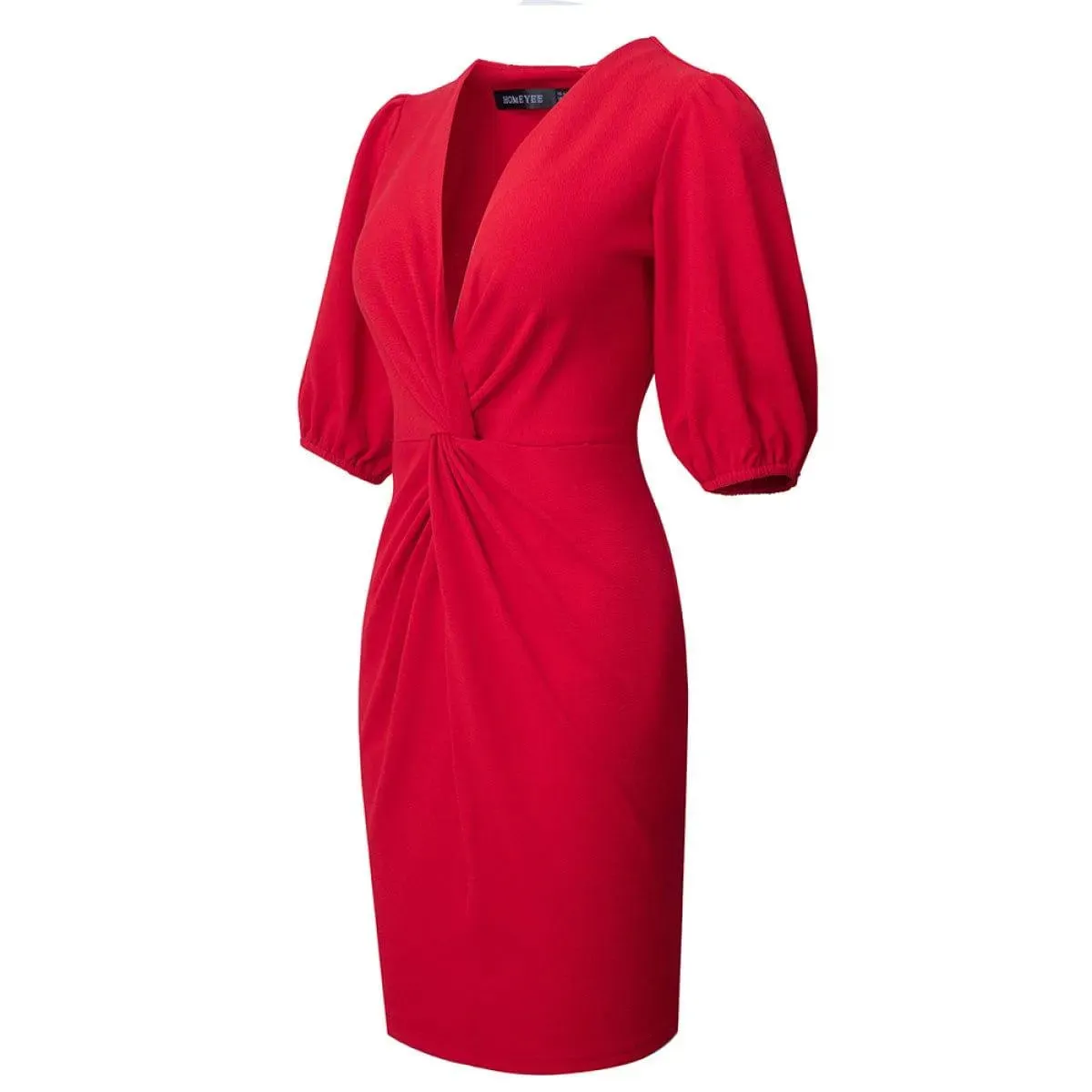 Deep V Lantern Sleeve Folds Solid Color Mini Dress With Keyhole
