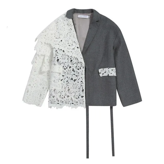 [EAM] Loose Fit Contrast Color Lace Big Size Jacket New Lapel Long Sleeve Women Coat Fashion Tide Spring Autumn 2020 1D319