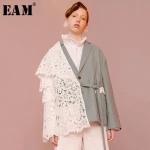 [EAM] Loose Fit Contrast Color Lace Big Size Jacket New Lapel Long Sleeve Women Coat Fashion Tide Spring Autumn 2020 1D319