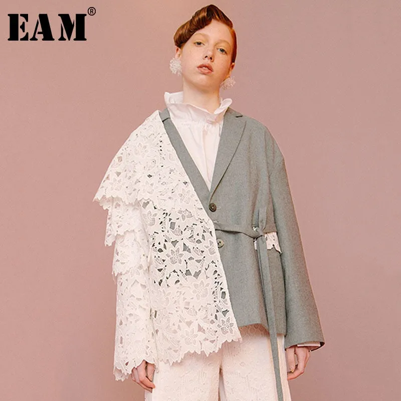 [EAM] Loose Fit Contrast Color Lace Big Size Jacket New Lapel Long Sleeve Women Coat Fashion Tide Spring Autumn 2020 1D319