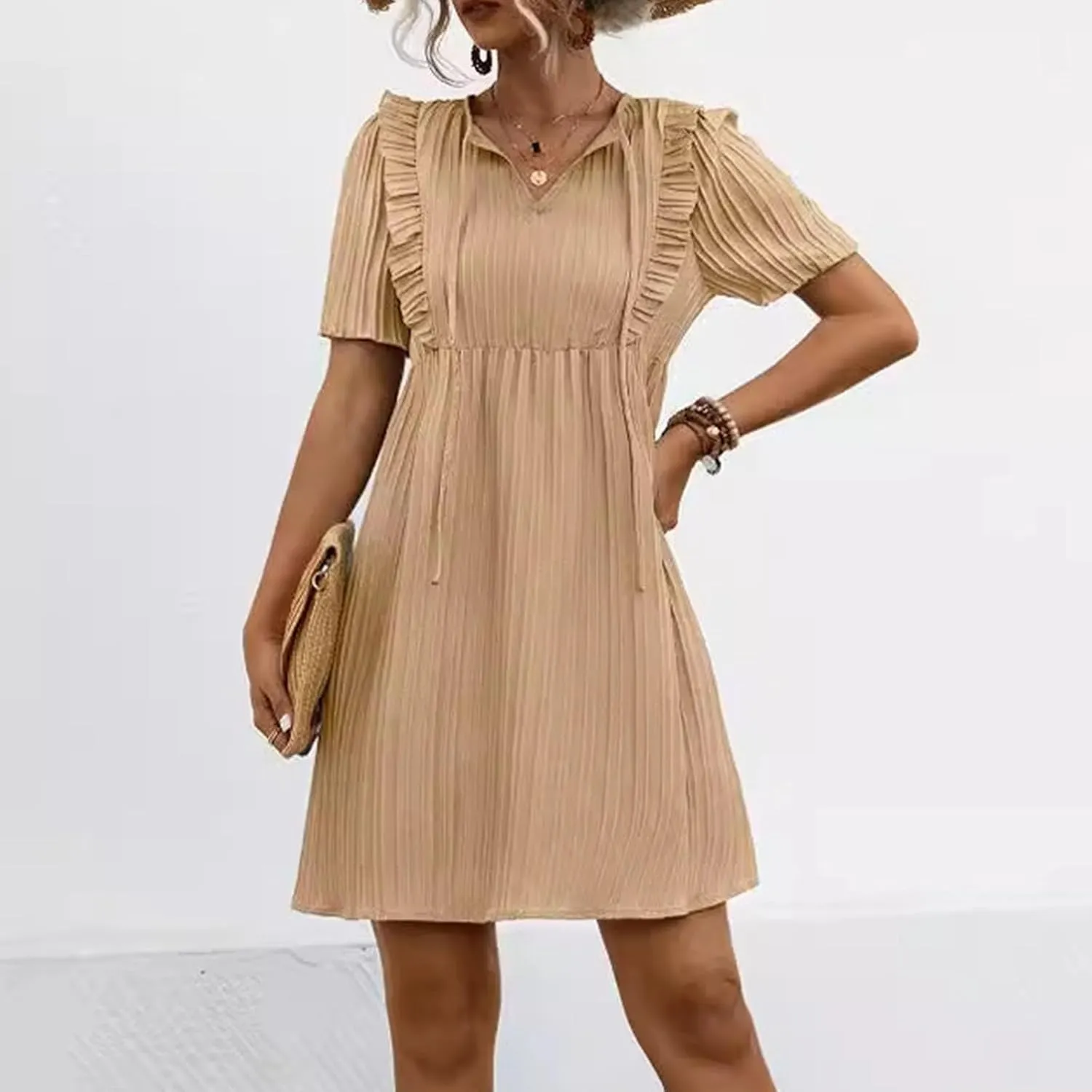 Elegant Ruffles Drawstring V Neck Short Sleeve Short Mini Dresses for Women Summer High Waist Swing A-Line Sun Dress