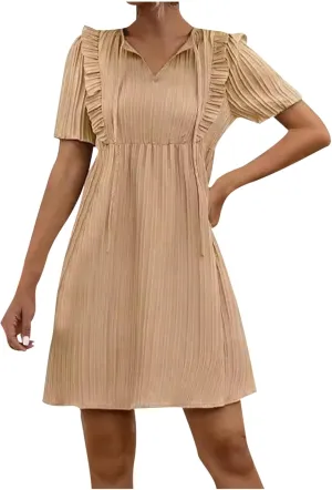 Elegant Ruffles Drawstring V Neck Short Sleeve Short Mini Dresses for Women Summer High Waist Swing A-Line Sun Dress
