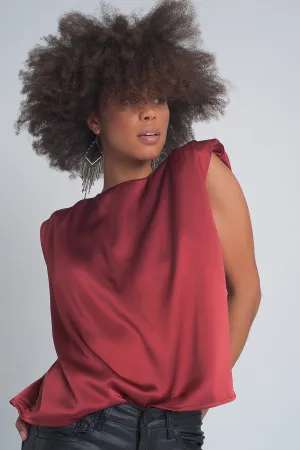 Gathered satin shoulder pad sleeveless top in red