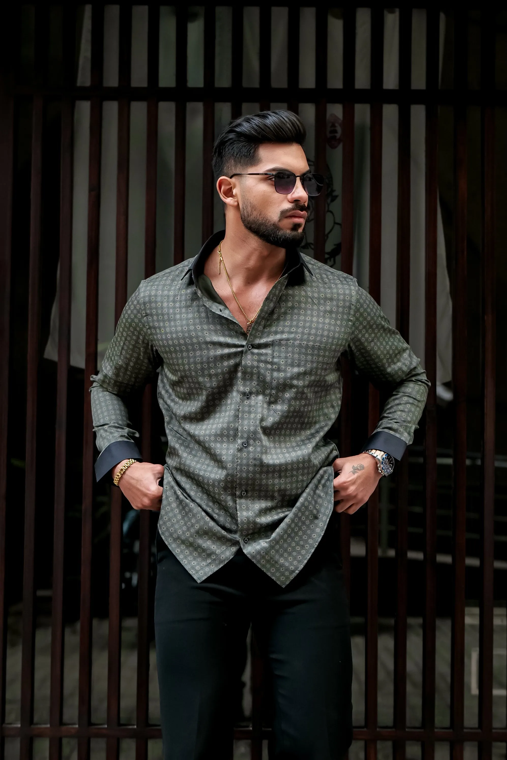 GREY PRINTED COTTON BLEND CASUAL FULL SLEEVE SHIRT