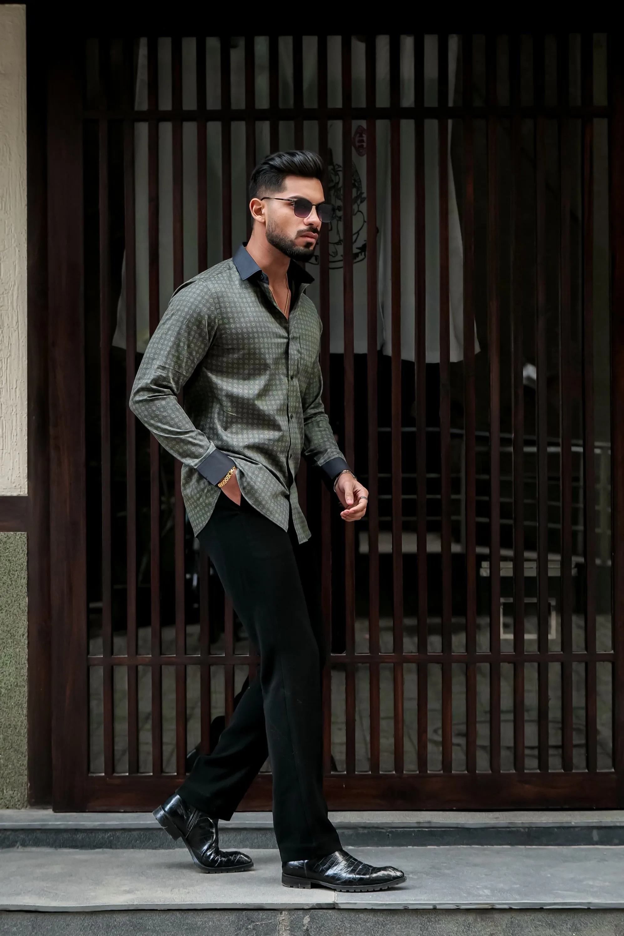 GREY PRINTED COTTON BLEND CASUAL FULL SLEEVE SHIRT