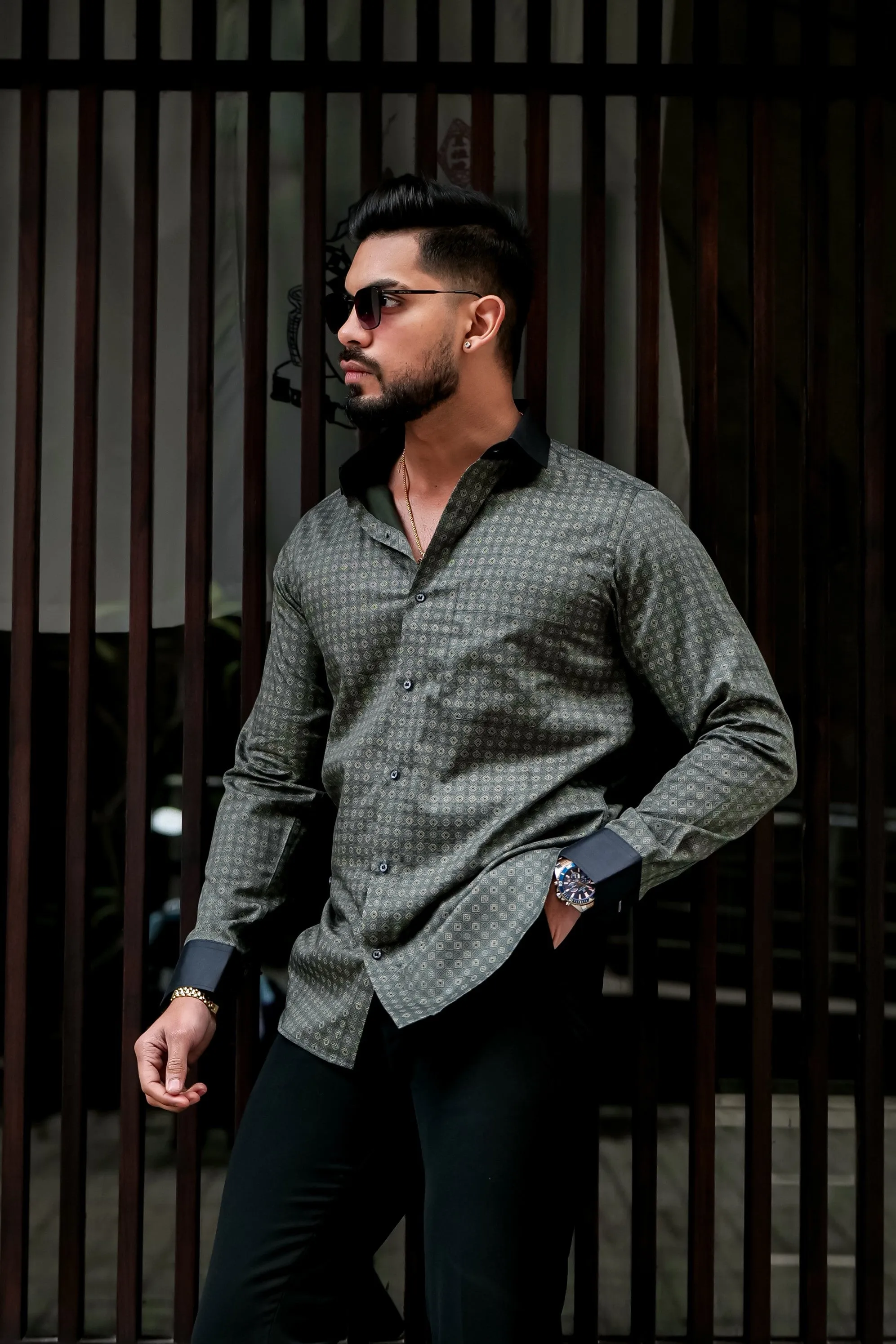 GREY PRINTED COTTON BLEND CASUAL FULL SLEEVE SHIRT