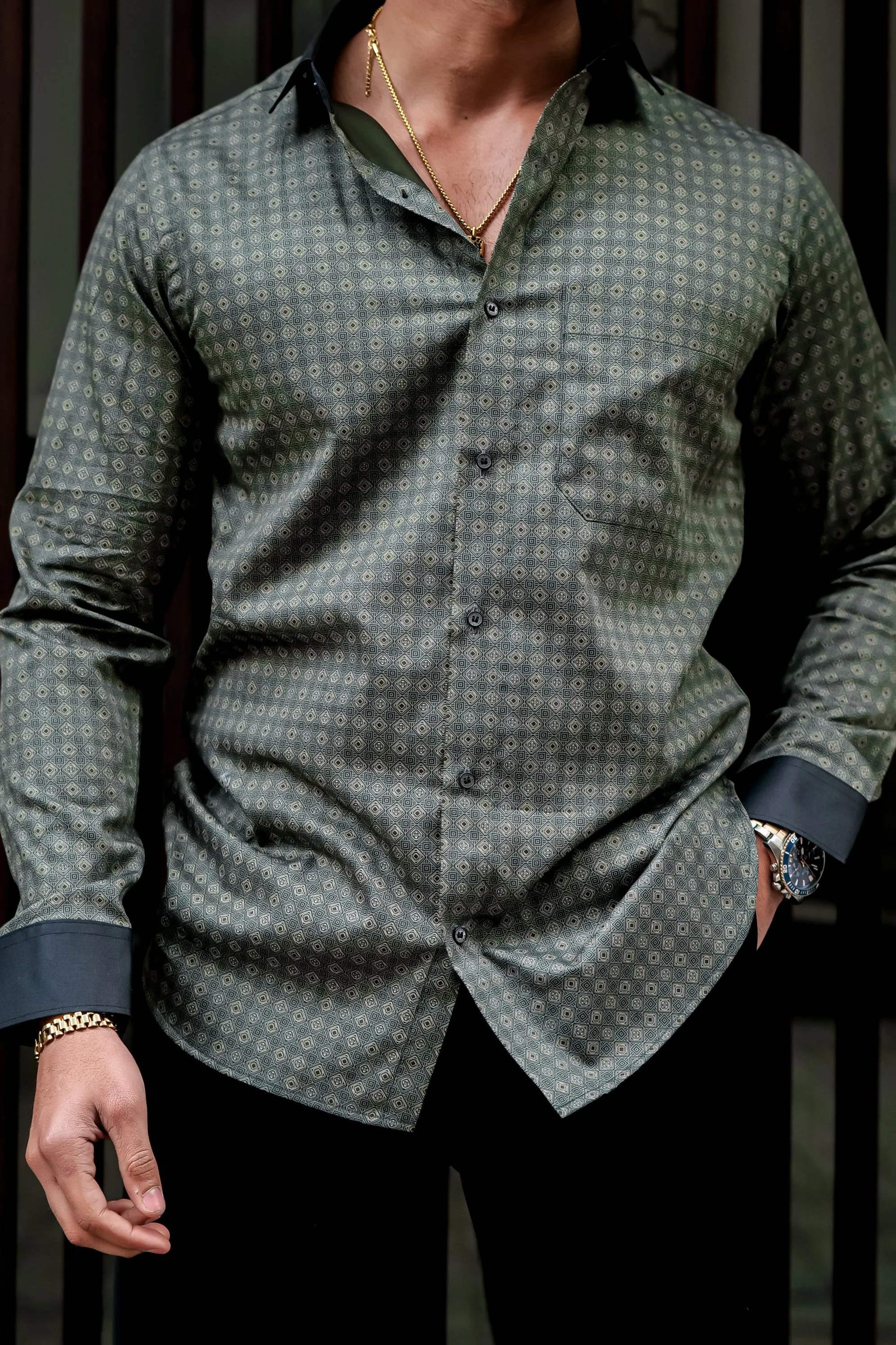 GREY PRINTED COTTON BLEND CASUAL FULL SLEEVE SHIRT