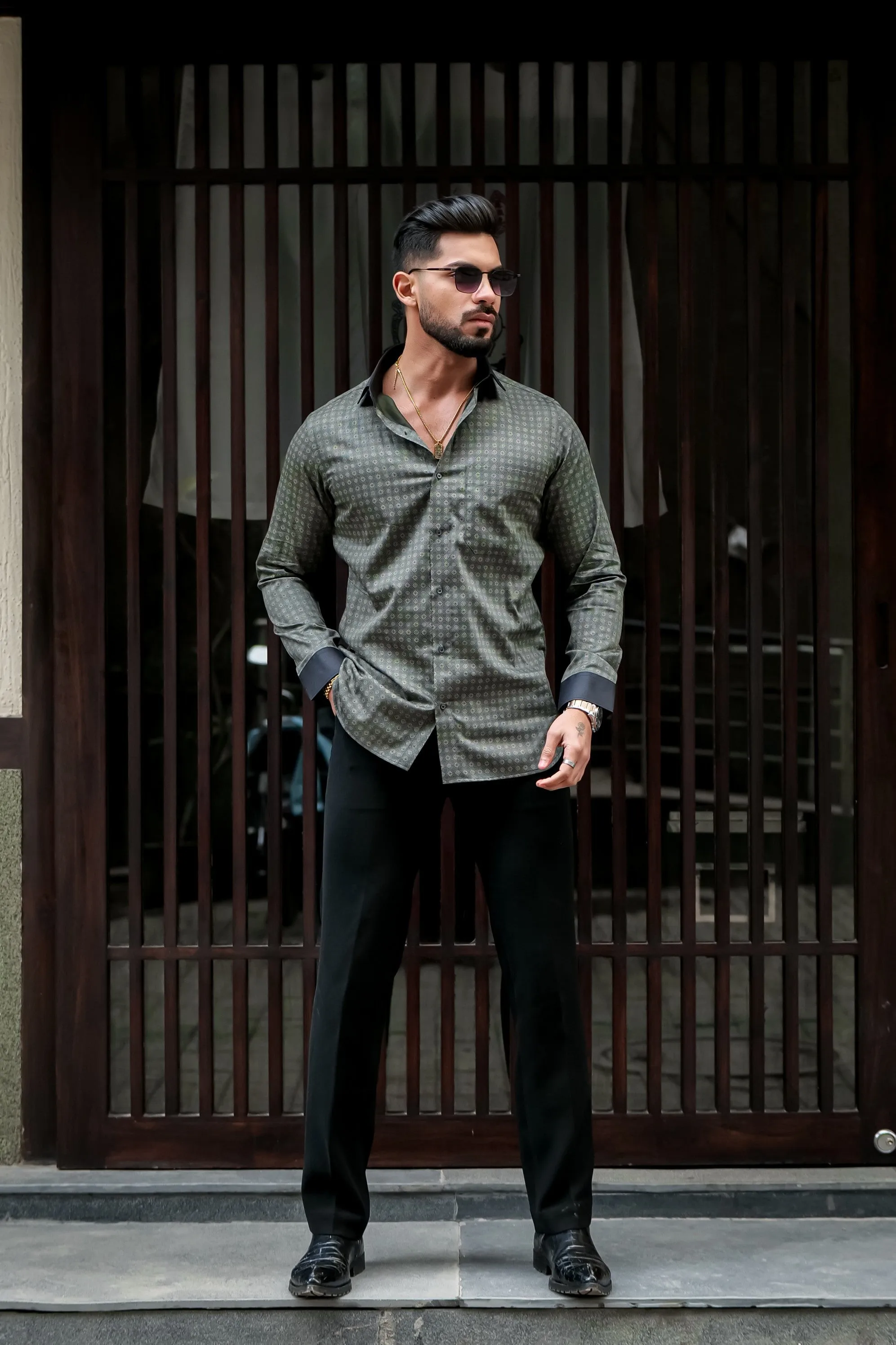 GREY PRINTED COTTON BLEND CASUAL FULL SLEEVE SHIRT