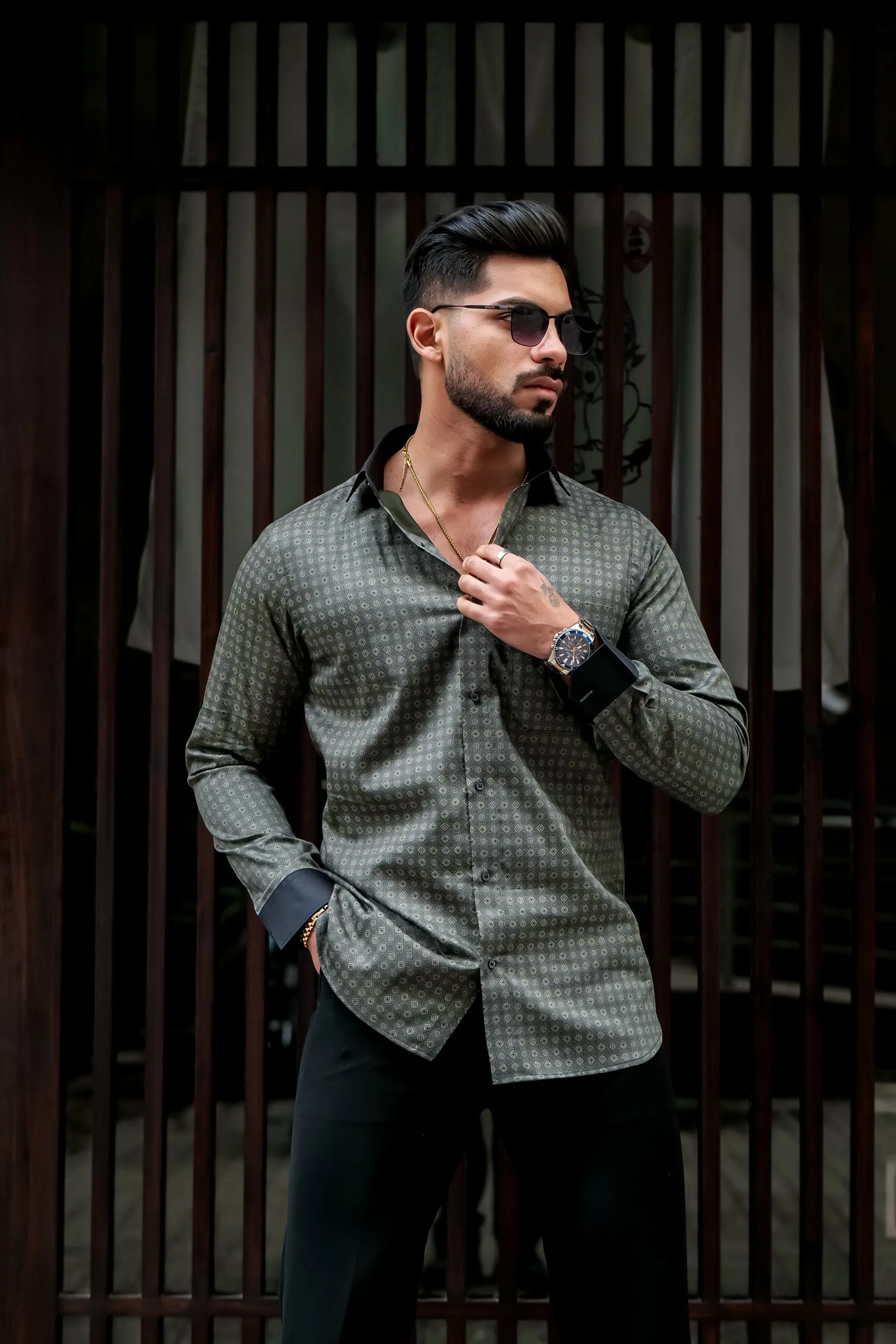 GREY PRINTED COTTON BLEND CASUAL FULL SLEEVE SHIRT
