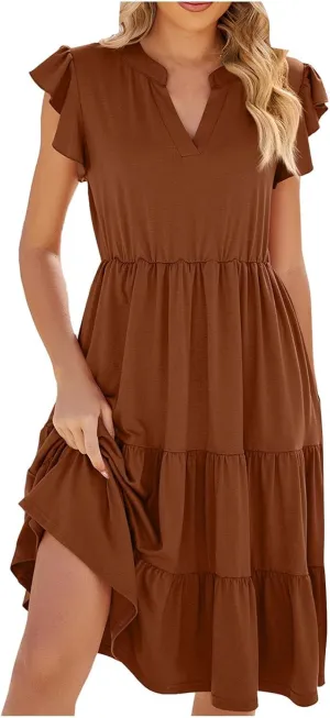 Holiday Ruffles Sleeve Boho Dress for Women Babydoll Collared V Neck Loose Swing Casual Short Tiered Mini Beach Dress