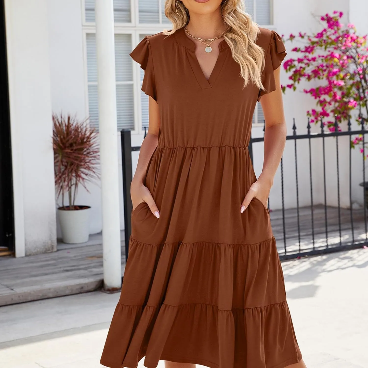 Holiday Ruffles Sleeve Boho Dress for Women Babydoll Collared V Neck Loose Swing Casual Short Tiered Mini Beach Dress