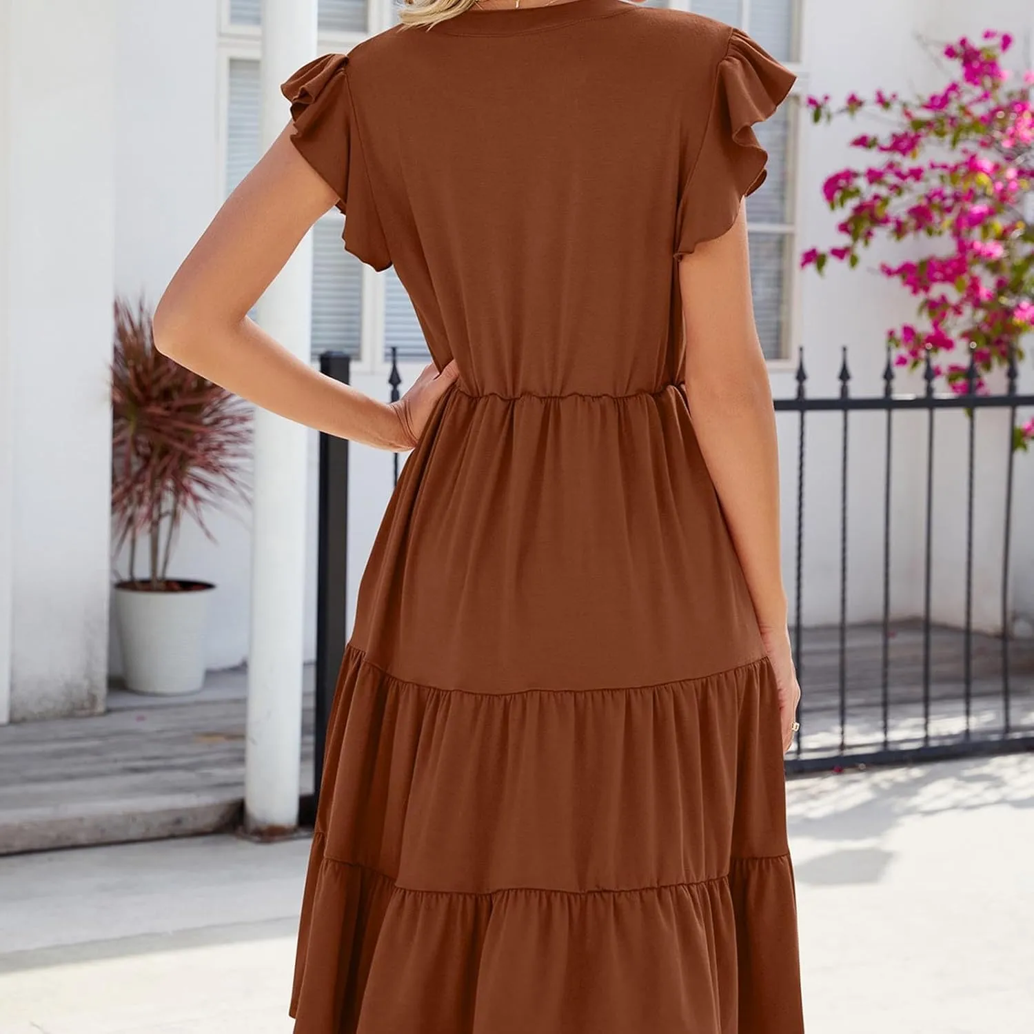 Holiday Ruffles Sleeve Boho Dress for Women Babydoll Collared V Neck Loose Swing Casual Short Tiered Mini Beach Dress