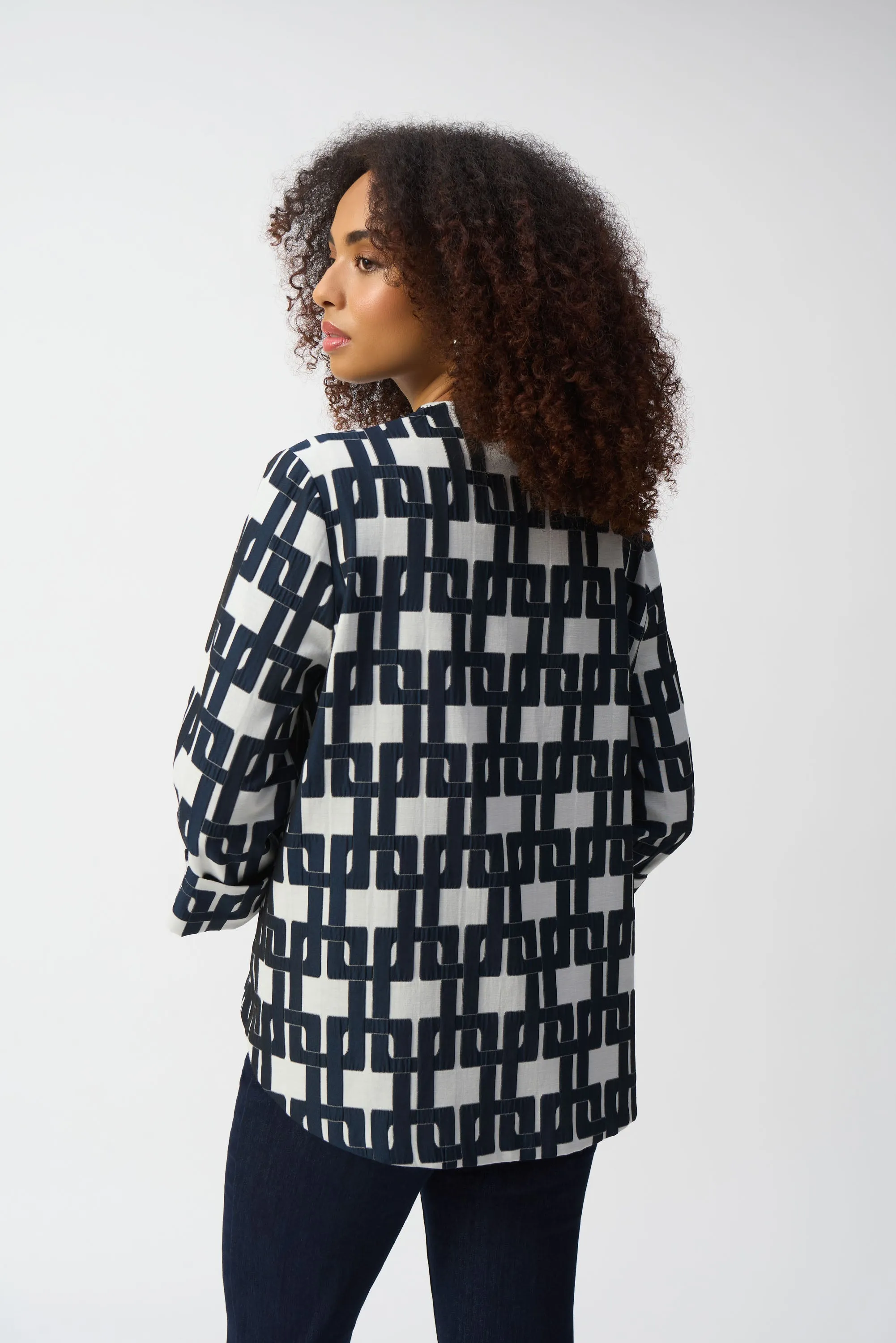 Joseph Ribkoff Navy & Off White Geometric Jacquard Trapeze Jacket