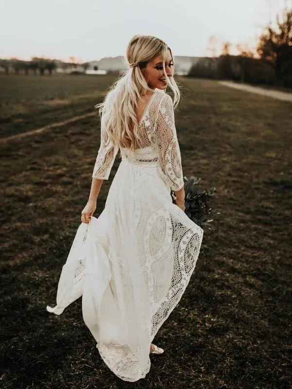 Lace A-line Backless Long Sleeves Rustic Wedding Dresses, Wedding Gowns, SW608