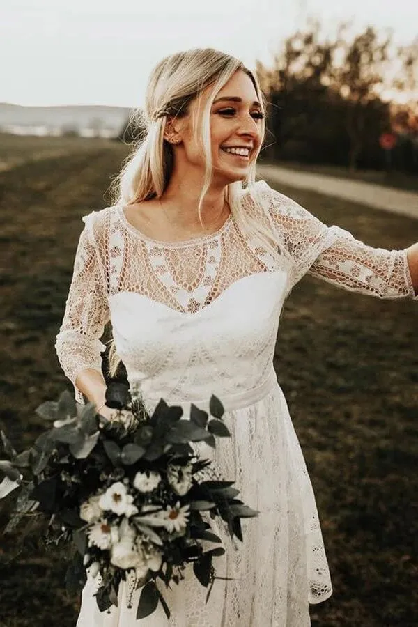 Lace A-line Backless Long Sleeves Rustic Wedding Dresses, Wedding Gowns, SW608
