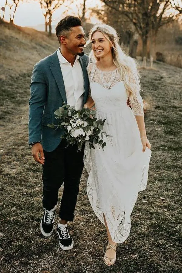 Lace A-line Backless Long Sleeves Rustic Wedding Dresses, Wedding Gowns, SW608