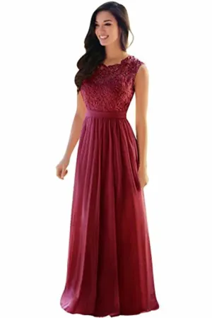 Lace Chiffon  Prom Dresses A Line Round Neck Long Evening Dresses
