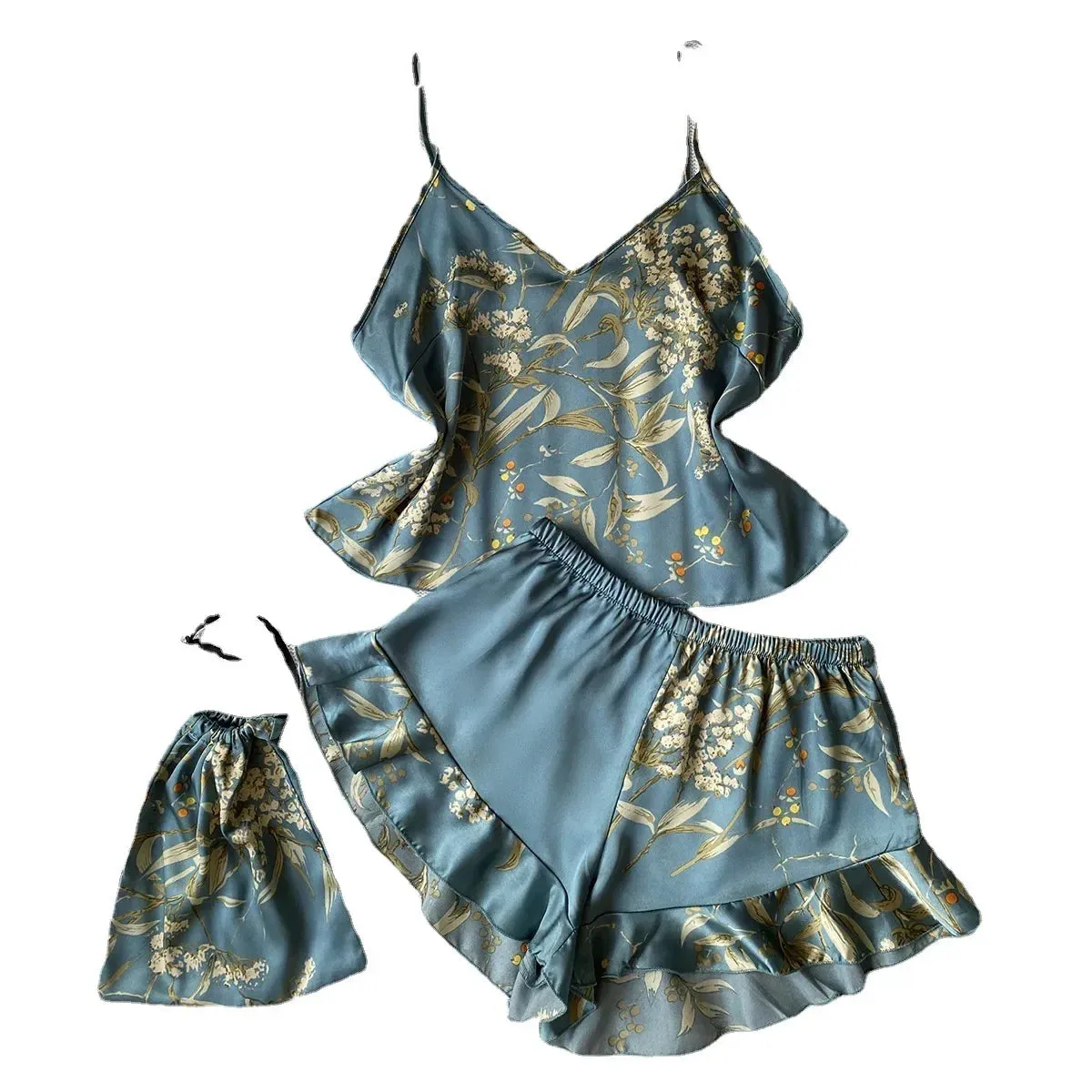 Lady Glams 3 Pcs Summer Women Dress Silk Pajamas - Fashion Print Suspenders and Shorts with Hanging Bag Home Wear Set